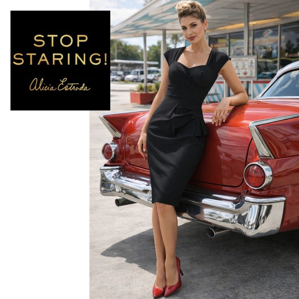 NWT, Stop Staring! Alice Estrada, Black Pin-up Cap Sleeve Cutout Sheath Dress 6